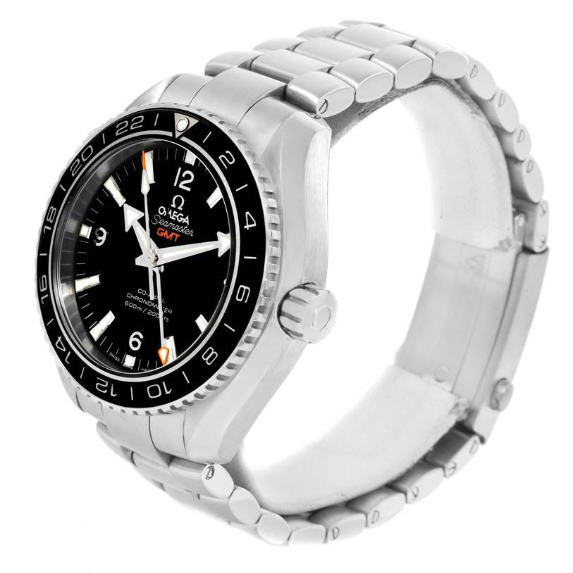 The Omega Planet Ocean 232.30.44.22.01.001 Men
s Stainless Steel Black Dial 232.30.44.22.01.001 Men
s Stainless Steel Black Dial watch is shown from a three-quarter angle, highlighting the bezel, case, crown, bracelet, and part of the dial.