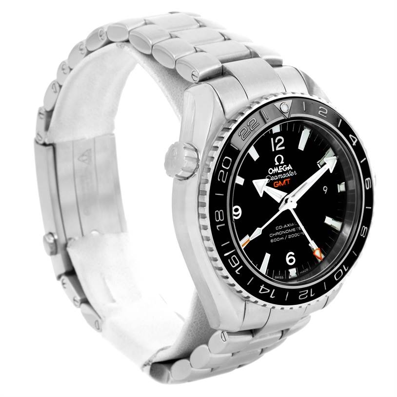 The Omega Planet Ocean 232.30.44.22.01.001 Men
s Stainless Steel Black Dial 232.30.44.22.01.001 Men
s Stainless Steel Black Dial model is shown at a three-quarter angle, displaying the face, bezel, crown, and part of the stainless steel bracelet.