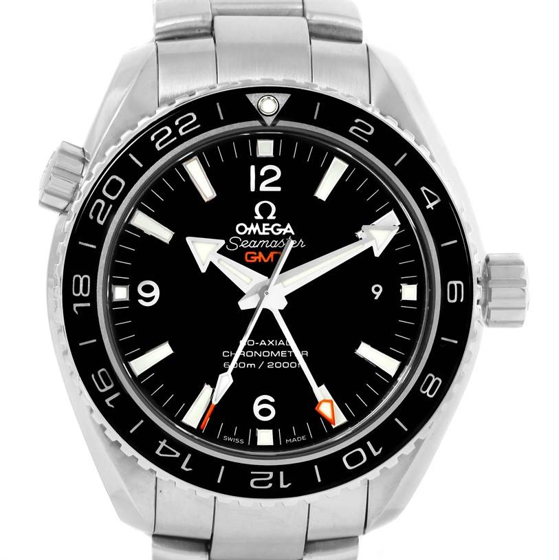 The image shows a front view of the Omega Planet Ocean 232.30.44.22.01.001 Men
s Stainless Steel Black Dial 232.30.44.22.01.001 Men
s Stainless Steel Black Dial Seamaster GMT watch, displaying its dial, bezel, and bracelet.