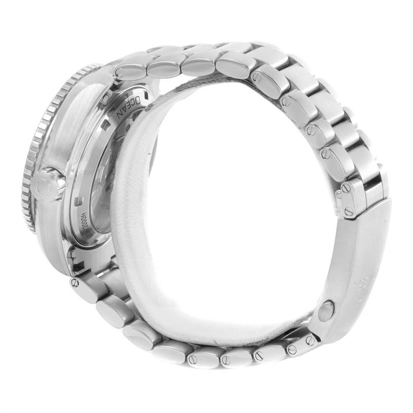 The Omega Planet Ocean 232.30.44.22.01.001 Men
s Stainless Steel Black Dial 232.30.44.22.01.001 Men
s Stainless Steel Black Dial watch is shown from a side angle, highlighting its case, crown, and stainless steel bracelet.