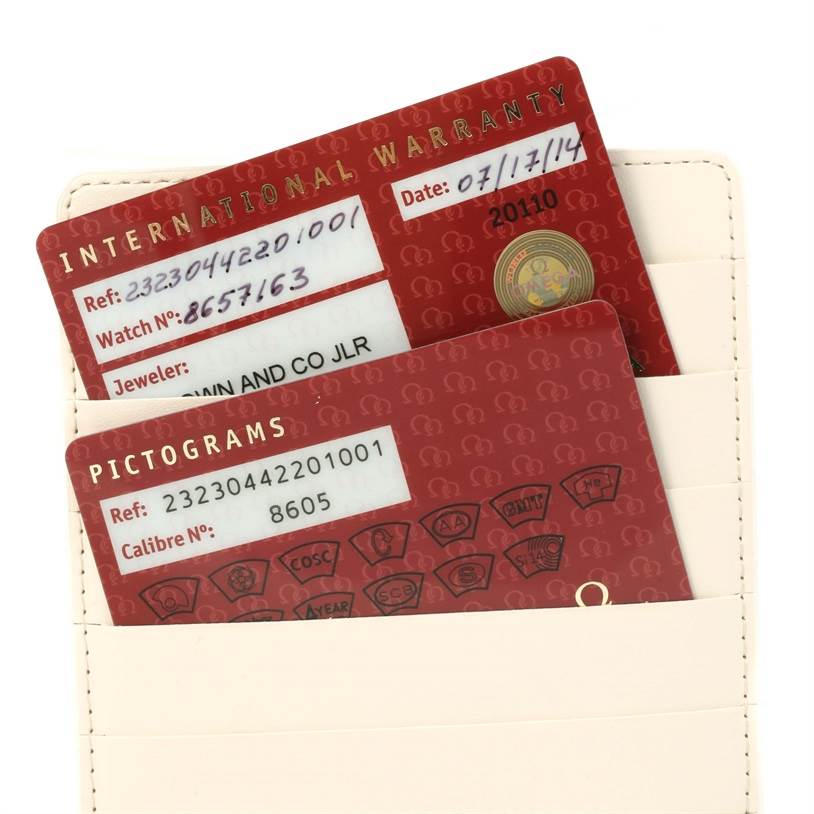The image shows warranty and pictogram cards for a Planet Ocean model by Omega, stored in a white cardholder.