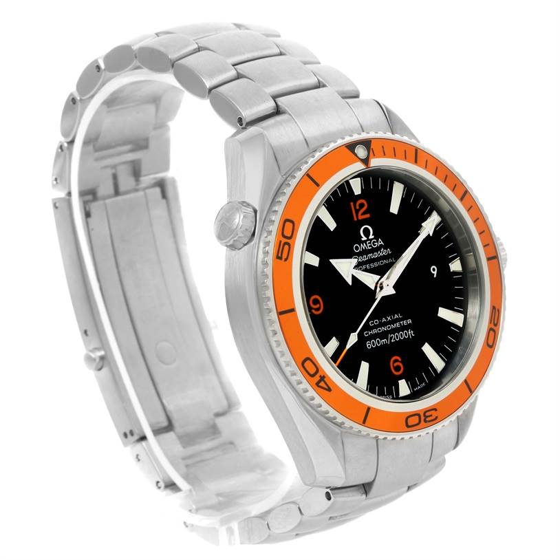 The Omega Planet Ocean 2209.50.00 Men's Stainless Steel Black Dial 2209.50.00 Men's Stainless Steel Black Dial watch is shown at a three-quarter angle, highlighting the face, bezel, crown, and bracelet.