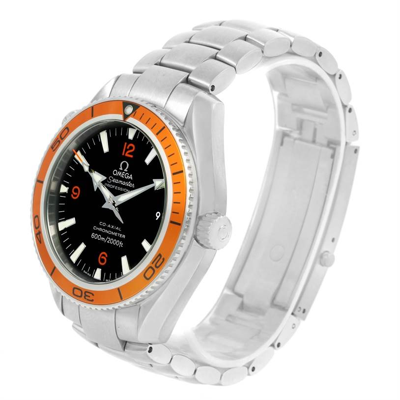 The Omega Planet Ocean 2209.50.00 Men's Stainless Steel Black Dial 2209.50.00 Men's Stainless Steel Black Dial watch is shown at an angled side view, displaying its orange bezel, black dial, and metal bracelet.