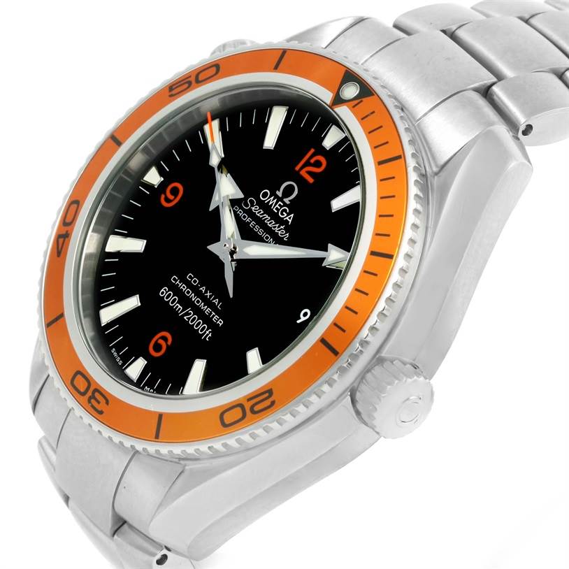 The image shows an angled view of the Omega Planet Ocean 2209.50.00 Men's Stainless Steel Black Dial 2209.50.00 Men's Stainless Steel Black Dial watch, highlighting its bezel, dial, and part of the bracelet.