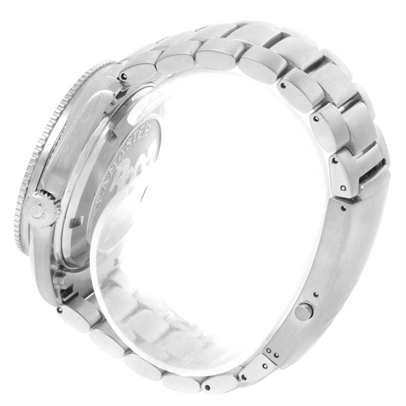 This side angle of the Omega Planet Ocean 2209.50.00 Men's Stainless Steel Black Dial 2209.50.00 Men's Stainless Steel Black Dial watch shows the case, crown, and part of the bracelet.