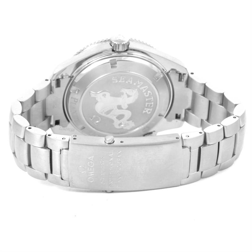 The image shows the back and clasp of the Omega Planet Ocean 2209.50.00 Men's Stainless Steel Black Dial 2209.50.00 Men's Stainless Steel Black Dial Seamaster watch.