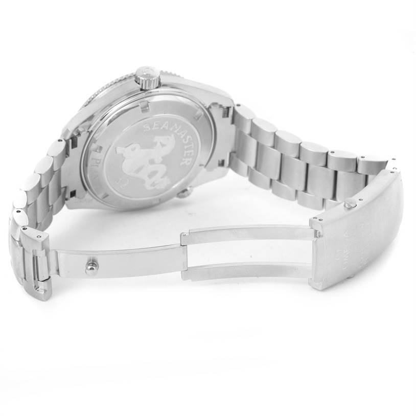 The image shows the back and open clasp of the Omega Planet Ocean 2209.50.00 Men's Stainless Steel Black Dial 2209.50.00 Men's Stainless Steel Black Dial watch, highlighting its stainless steel bracelet and engraved case back.