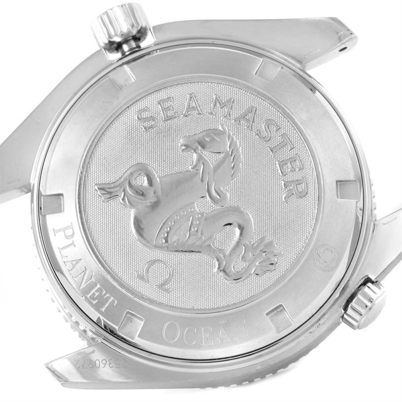 The image shows the back case of an Omega Planet Ocean 2209.50.00 Men's Stainless Steel Black Dial 2209.50.00 Men's Stainless Steel Black Dial watch with the Seamaster logo.