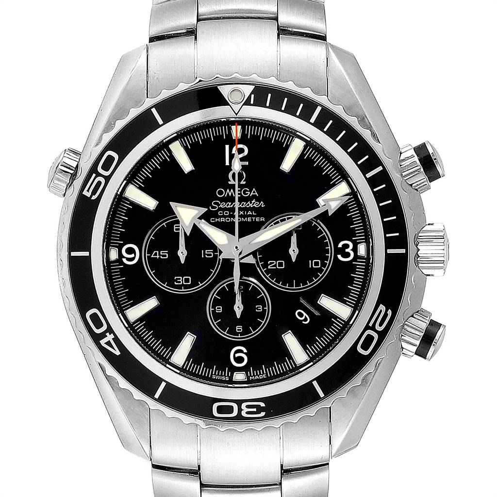 The image shows a front view of the Omega Planet Ocean 2210.50.00 Men
s Stainless Steel Black Dial 2210.50.00 Men
s Stainless Steel Black Dial Seamaster watch, highlighting its bezel, dial, and chronograph subdials.