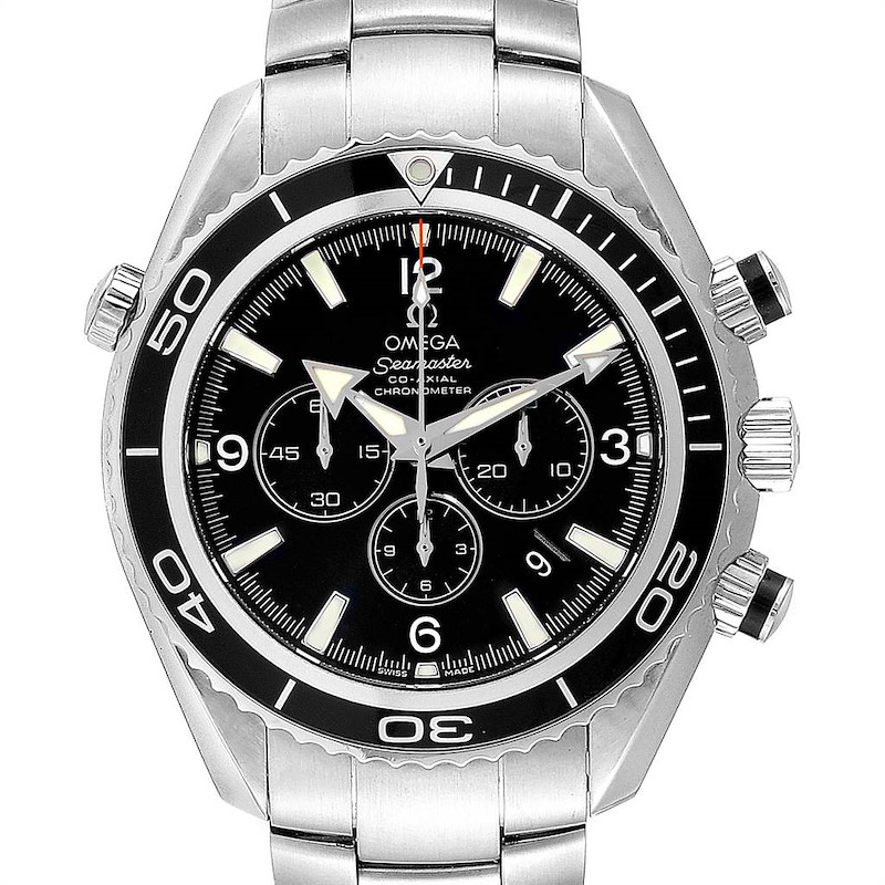 The image shows a front view of the Omega Planet Ocean Seamaster watch, highlighting its bezel, dial, and chronograph subdials.