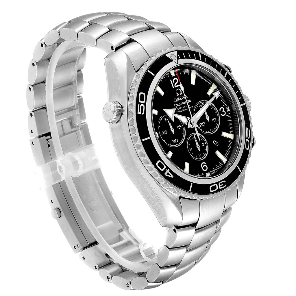 The Omega Planet Ocean 2210.50.00 Men
s Stainless Steel Black Dial 2210.50.00 Men
s Stainless Steel Black Dial watch is shown at an oblique angle highlighting the face, bezel, and stainless steel bracelet.