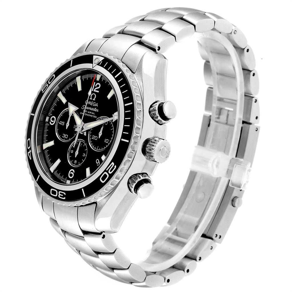 The Omega Planet Ocean 2210.50.00 Men
s Stainless Steel Black Dial 2210.50.00 Men
s Stainless Steel Black Dial watch is shown at a three-quarter angle, highlighting its face, bezel, buttons, and metal bracelet.