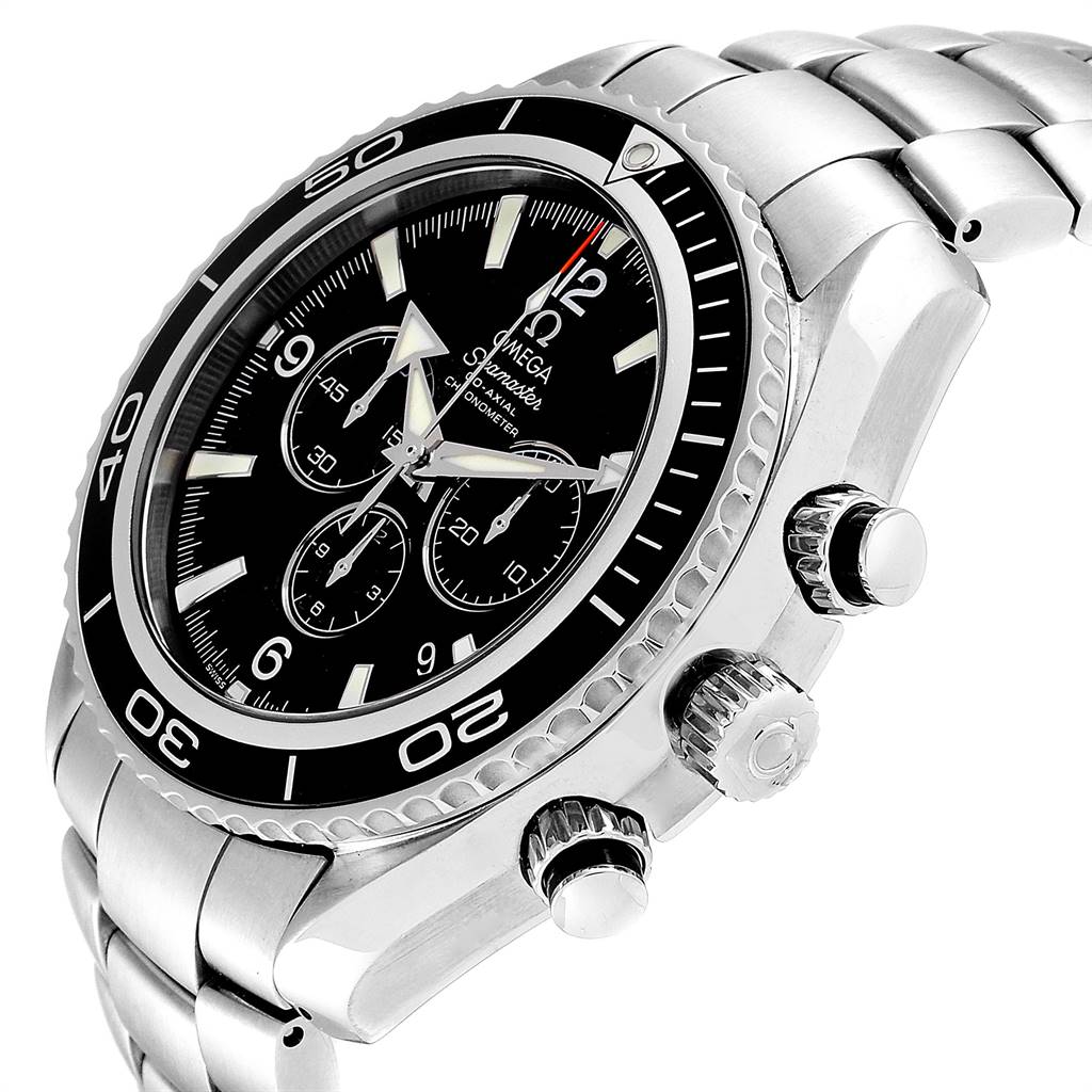 The Omega Planet Ocean 2210.50.00 Men
s Stainless Steel Black Dial 2210.50.00 Men
s Stainless Steel Black Dial watch is shown at a three-quarter angle, displaying its face, bezel, crown, and pushers.