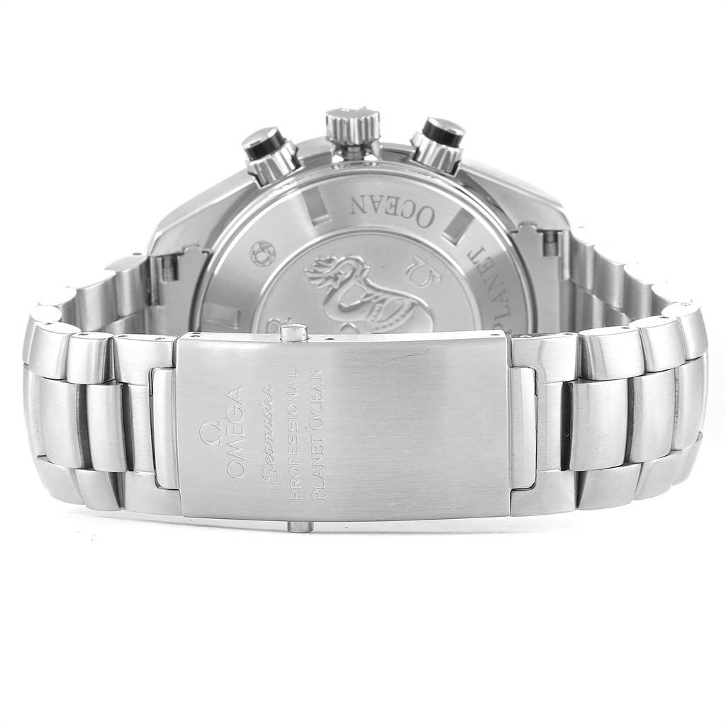 The image shows the back and clasp of the Omega Planet Ocean 2210.50.00 Men
s Stainless Steel Black Dial 2210.50.00 Men
s Stainless Steel Black Dial watch, including the case back and part of the steel bracelet.