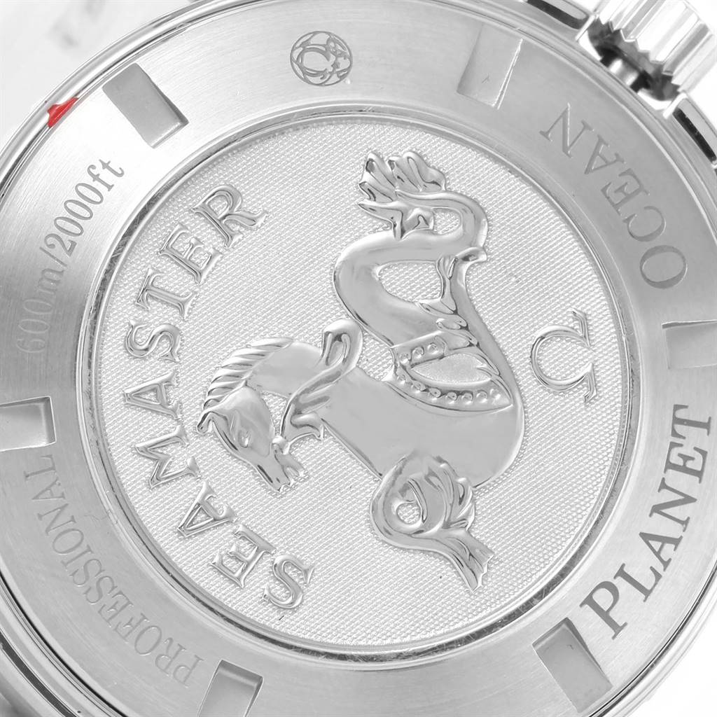 This image shows the back of the Omega Planet Ocean 2210.50.00 Men
s Stainless Steel Black Dial 2210.50.00 Men
s Stainless Steel Black Dial model watch, featuring the Sea Master engraving and depth rating.