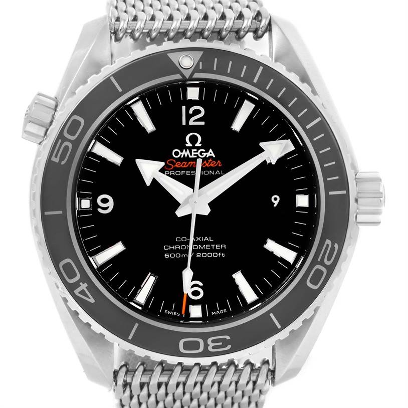 The image shows a front view of the Omega Seamaster Planet Ocean watch, highlighting the dial and bezel.