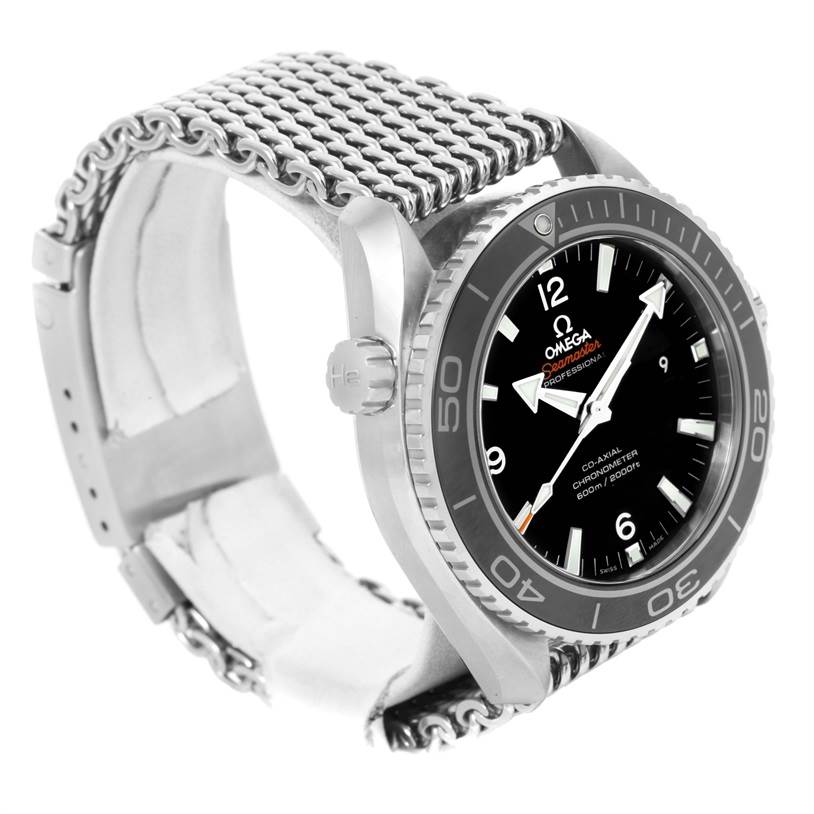 The Omega Planet Ocean 232.30.46.21.01.003 Men
s Stainless Steel Black Dial 232.30.46.21.01.003 Men
s Stainless Steel Black Dial watch is shown at an angle displaying its face, bezel, crown, and chain-link strap.