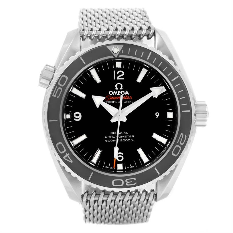 The image shows a front view of the Omega Planet Ocean 232.30.46.21.01.003 Men
s Stainless Steel Black Dial 232.30.46.21.01.003 Men
s Stainless Steel Black Dial watch, featuring its black dial, bezel, and mesh strap.