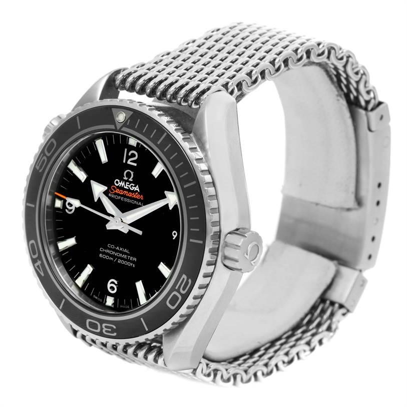 The image shows a side-angle view of an Omega Planet Ocean 232.30.46.21.01.003 Men
s Stainless Steel Black Dial 232.30.46.21.01.003 Men
s Stainless Steel Black Dial watch, highlighting the dial, bezel, crown, and metal mesh strap.