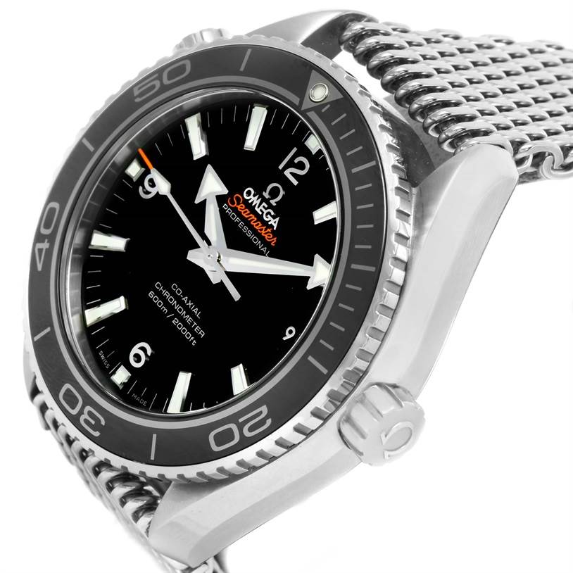 The Omega Planet Ocean 232.30.46.21.01.003 Men
s Stainless Steel Black Dial 232.30.46.21.01.003 Men
s Stainless Steel Black Dial watch is shown at an angled view, highlighting its face, bezel, crown, and mesh bracelet.