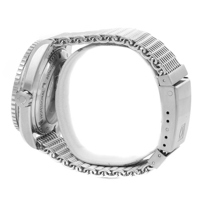 The image shows a side view of an Omega Planet Ocean 232.30.46.21.01.003 Men
s Stainless Steel Black Dial 232.30.46.21.01.003 Men
s Stainless Steel Black Dial watch with detailed bracelet and clasp.