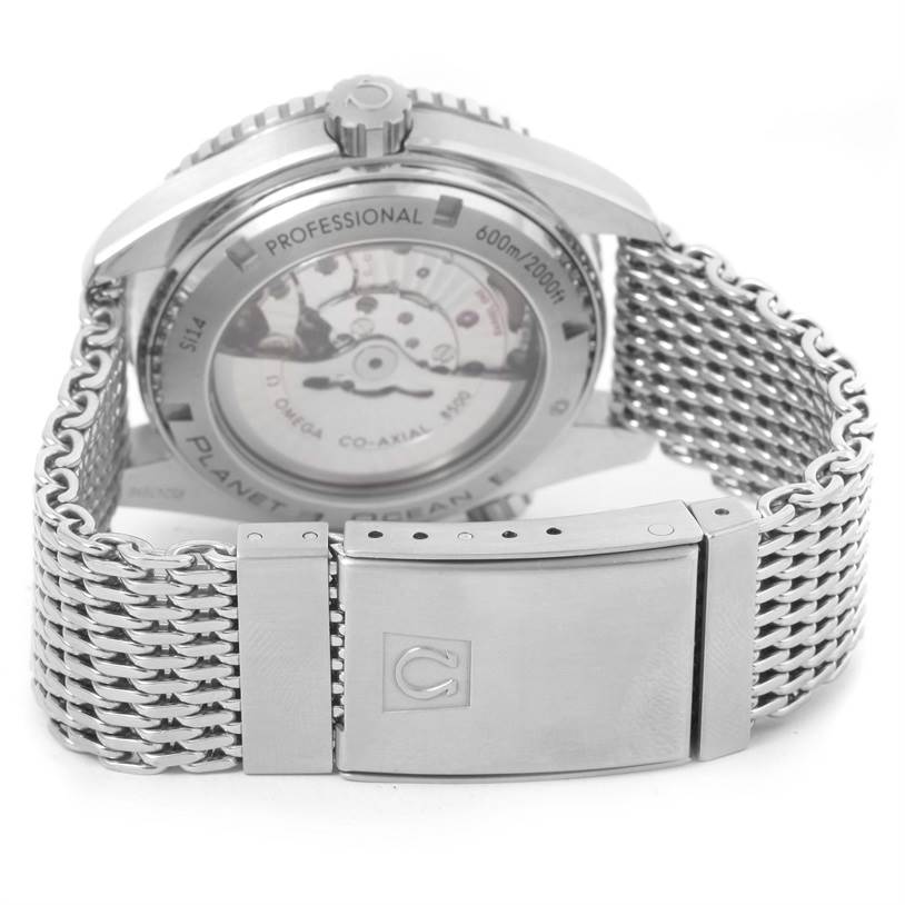 The image shows the back view of an Omega Planet Ocean 232.30.46.21.01.003 Men
s Stainless Steel Black Dial 232.30.46.21.01.003 Men
s Stainless Steel Black Dial watch, highlighting its stainless steel bracelet and deployment clasp.