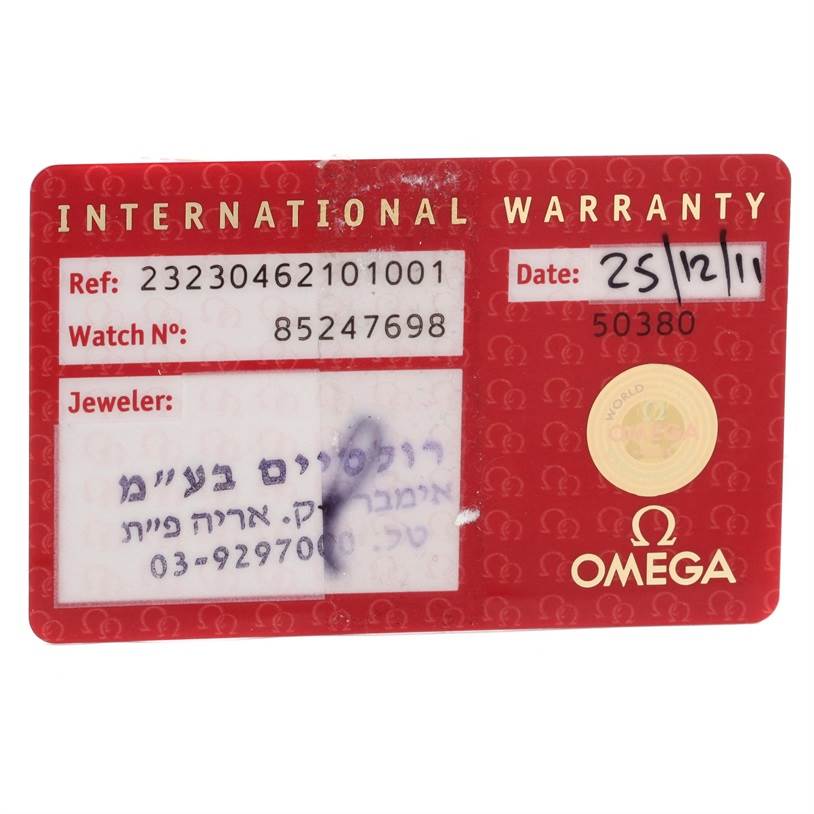 The image shows the International Warranty card for the Omega Planet Ocean 232.30.46.21.01.003 Men
s Stainless Steel Black Dial 232.30.46.21.01.003 Men
s Stainless Steel Black Dial model.