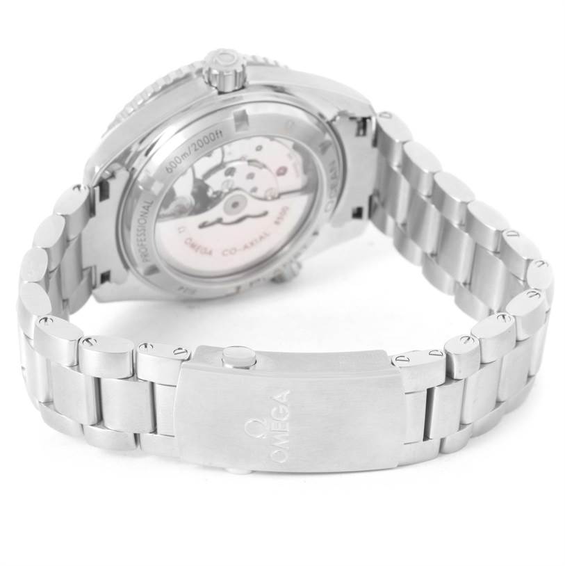 The image shows the back view of the Omega Planet Ocean 232.30.42.21.01.001 Men
s Stainless Steel Black Dial 232.30.42.21.01.001 Men
s Stainless Steel Black Dial watch, highlighting the case back and part of the bracelet and clasp.