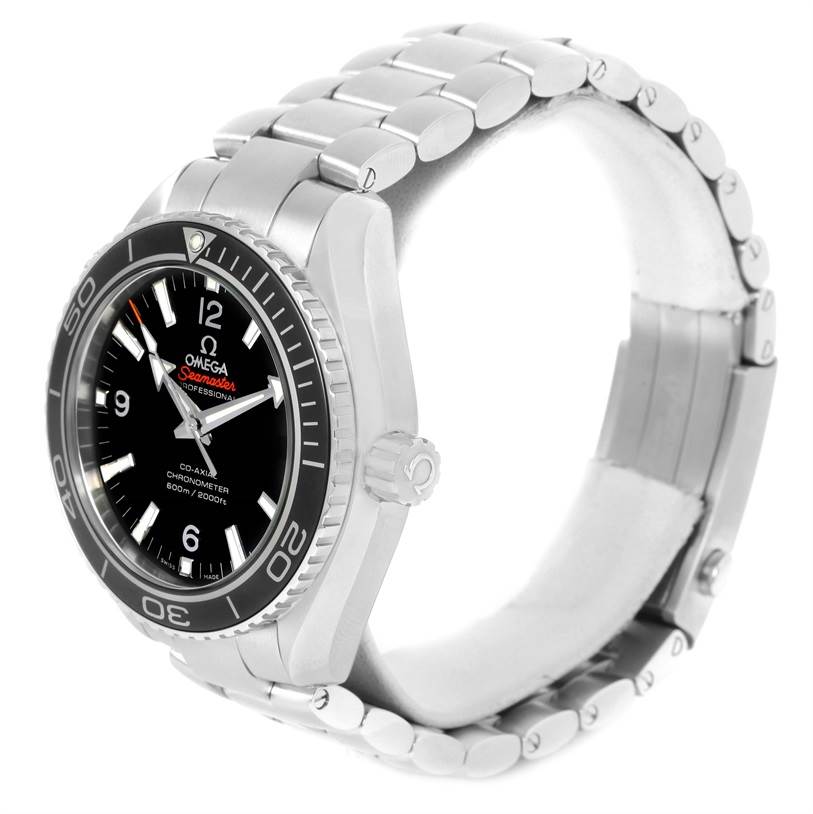 The Omega Planet Ocean 232.30.42.21.01.001 Men
s Stainless Steel Black Dial 232.30.42.21.01.001 Men
s Stainless Steel Black Dial watch is displayed at a three-quarter angle, showcasing the dial, bezel, crown, and metal bracelet.