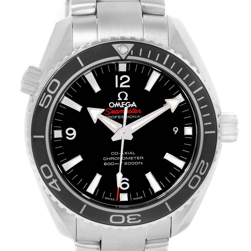 The image shows a front view of the Omega Planet Ocean 232.30.42.21.01.001 Men
s Stainless Steel Black Dial 232.30.42.21.01.001 Men
s Stainless Steel Black Dial model, including the dial, bezel, and partial bracelet.