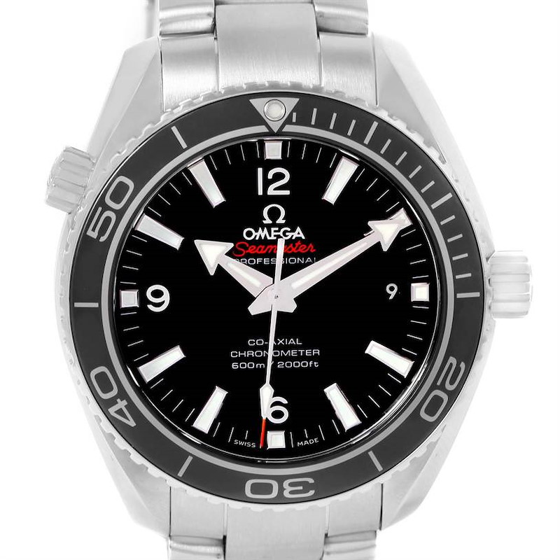 The image shows a front view of the Omega Planet Ocean model, including the dial, bezel, and partial bracelet.