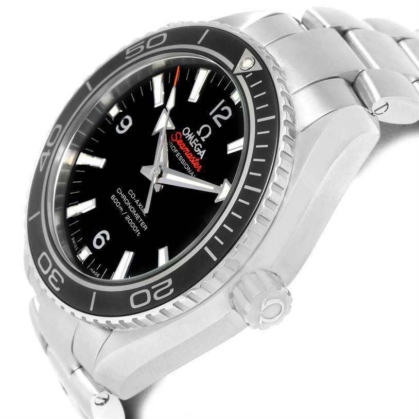 The image shows an angled view of the Omega Planet Ocean 232.30.42.21.01.001 Men
s Stainless Steel Black Dial 232.30.42.21.01.001 Men
s Stainless Steel Black Dial watch, highlighting the dial, bezel, crown, and part of the bracelet.