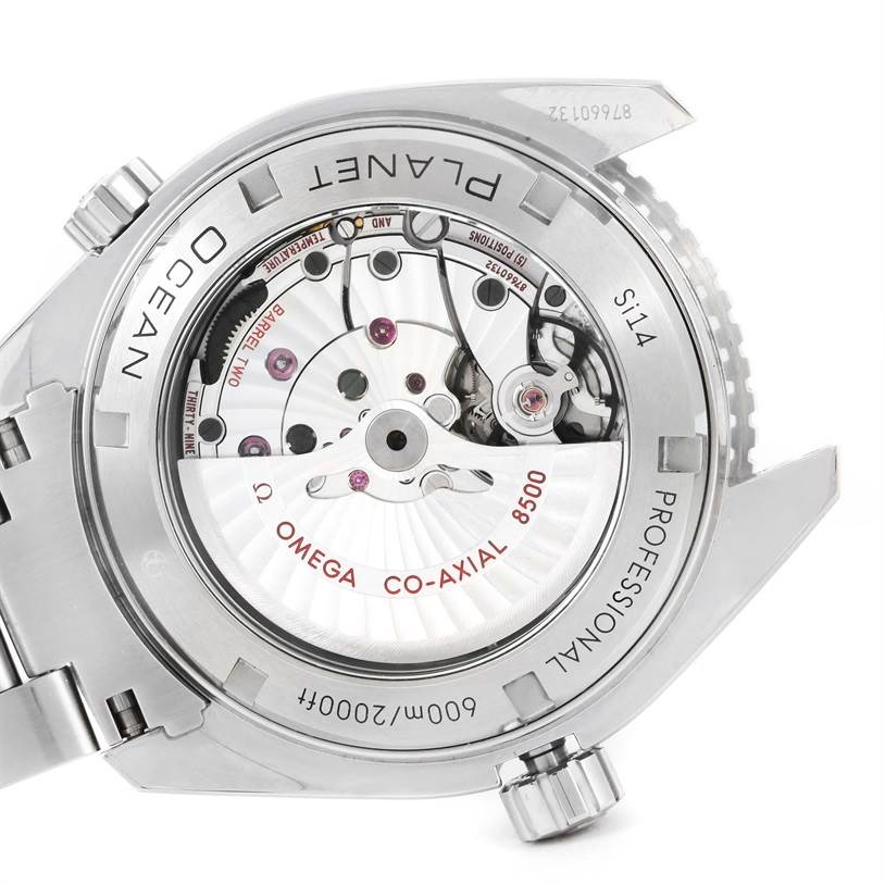 This image shows the backside of the Omega Planet Ocean 232.30.46.21.01.003 Men
s Stainless Steel Black Dial 232.30.46.21.01.003 Men
s Stainless Steel Black Dial watch, displaying its co-axial movement mechanism.