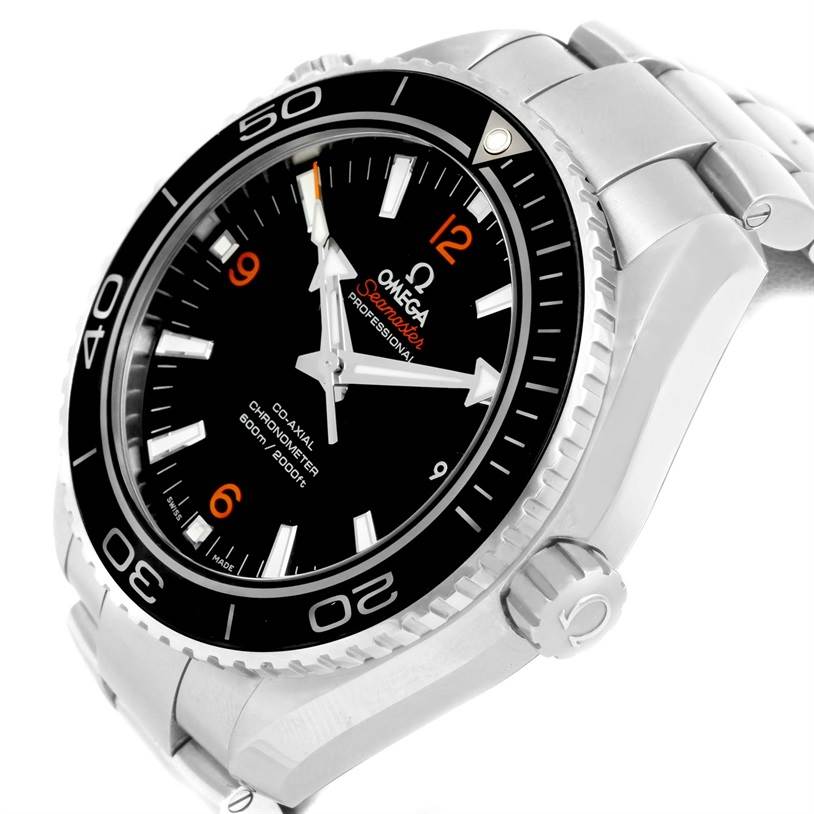 The Omega Planet Ocean 232.30.46.21.01.003 Men
s Stainless Steel Black Dial 232.30.46.21.01.003 Men
s Stainless Steel Black Dial watch is shown at a tilted angle highlighting its face, bezel, crown, and part of the bracelet.