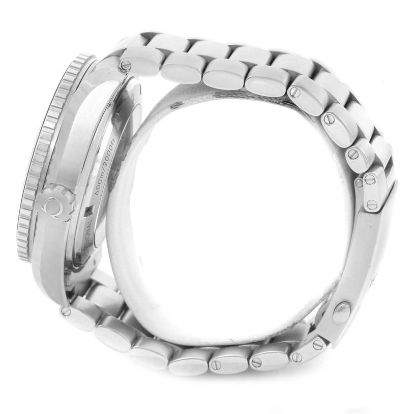 This image shows a side view of the Omega Planet Ocean 232.30.46.21.01.003 Men
s Stainless Steel Black Dial 232.30.46.21.01.003 Men
s Stainless Steel Black Dial watch, highlighting its case and metal bracelet.