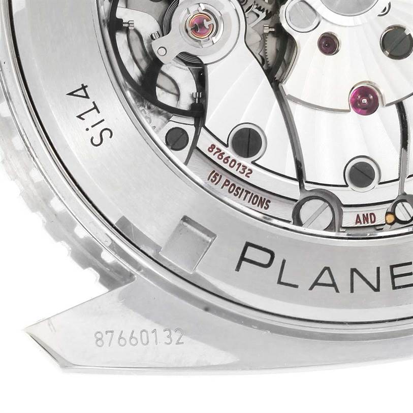 The image shows the back of an Omega Planet Ocean 232.30.46.21.01.003 Men
s Stainless Steel Black Dial 232.30.46.21.01.003 Men
s Stainless Steel Black Dial watch, highlighting the intricate movement mechanisms and serial number.