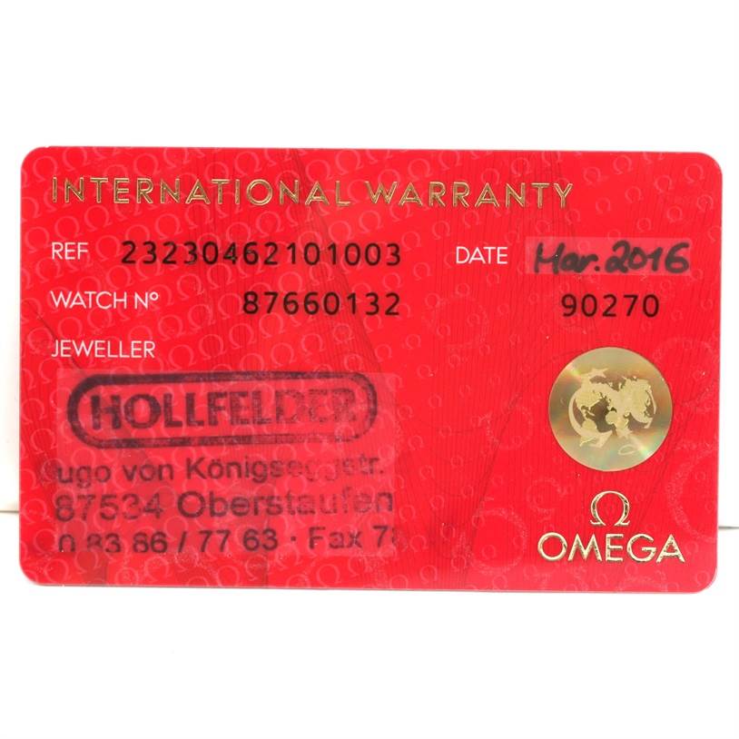 The image shows the International Warranty card for the Omega Planet Ocean 232.30.46.21.01.003 Men
s Stainless Steel Black Dial 232.30.46.21.01.003 Men
s Stainless Steel Black Dial model watch.