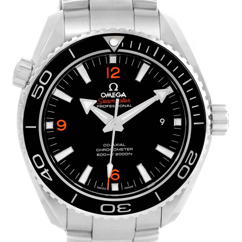 The image shows a front view of the Omega Planet Ocean 232.30.46.21.01.003 Men
s Stainless Steel Black Dial 232.30.46.21.01.003 Men
s Stainless Steel Black Dial watch, highlighting its black dial, bezel, and stainless steel bracelet.