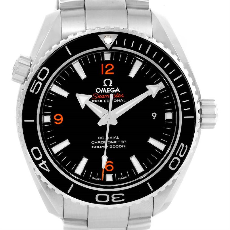 The image shows a front view of the Omega Planet Ocean watch, highlighting its black dial, bezel, and stainless steel bracelet.