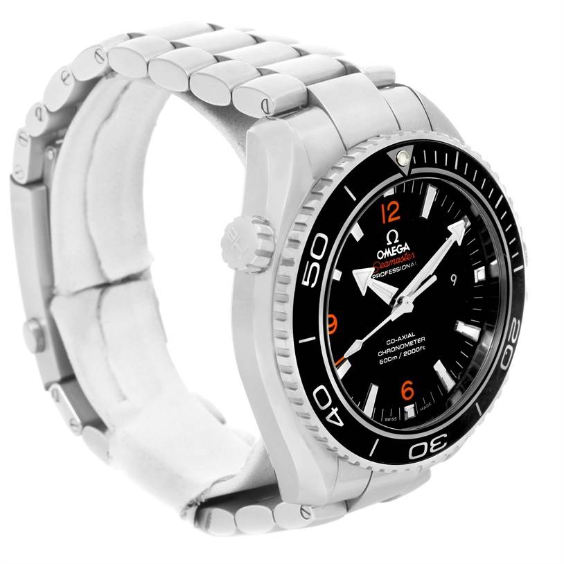 The image shows an Omega Planet Ocean 232.30.46.21.01.003 Men
s Stainless Steel Black Dial 232.30.46.21.01.003 Men
s Stainless Steel Black Dial watch from a 3/4 angle, displaying the face, bezel, crown, and bracelet.