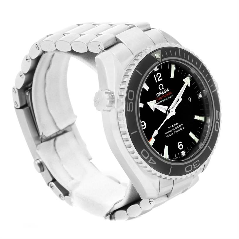 The image shows a three-quarter view of the Omega Planet Ocean 232.30.46.21.01.001 Men
s Stainless Steel Black Dial 232.30.46.21.01.001 Men
s Stainless Steel Black Dial watch, highlighting its bezel, dial, and metal bracelet.