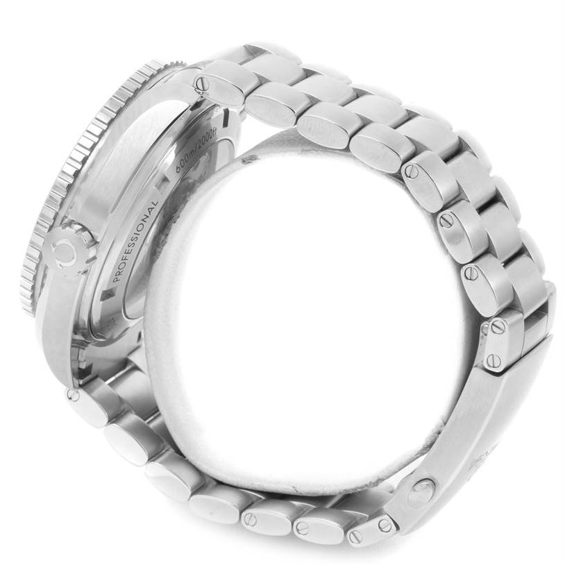 The image shows the side and bracelet of an Omega Planet Ocean 232.30.46.21.01.001 Men
s Stainless Steel Black Dial 232.30.46.21.01.001 Men
s Stainless Steel Black Dial watch, including the case, bezel, and links.