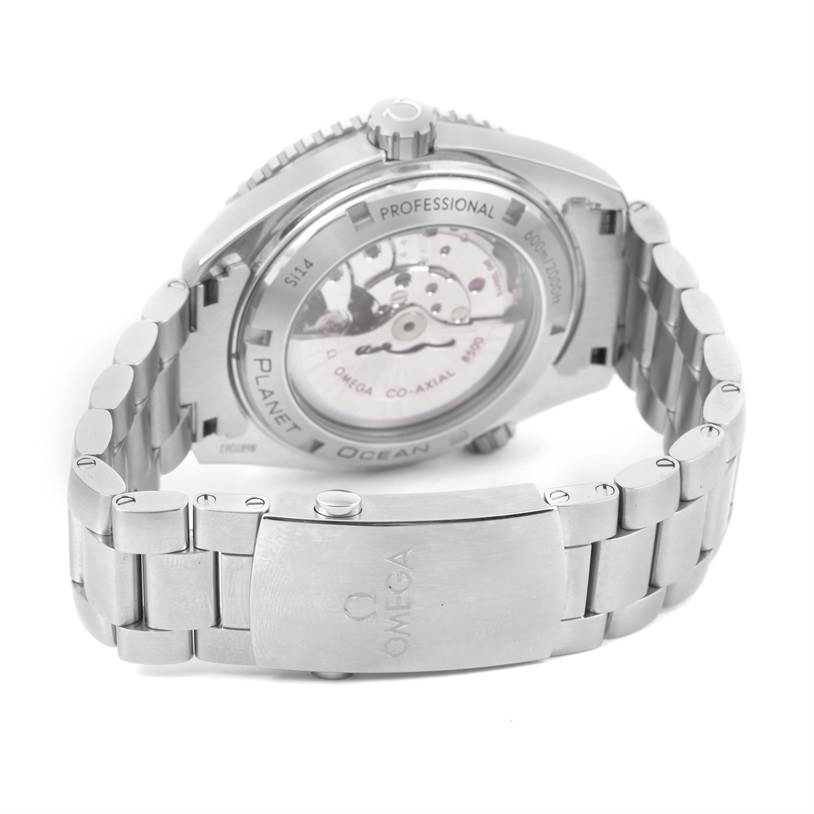 The image shows the back case and clasp of an Omega Planet Ocean 232.30.46.21.01.001 Men
s Stainless Steel Black Dial 232.30.46.21.01.001 Men
s Stainless Steel Black Dial watch, highlighting its automatic movement and bracelet.