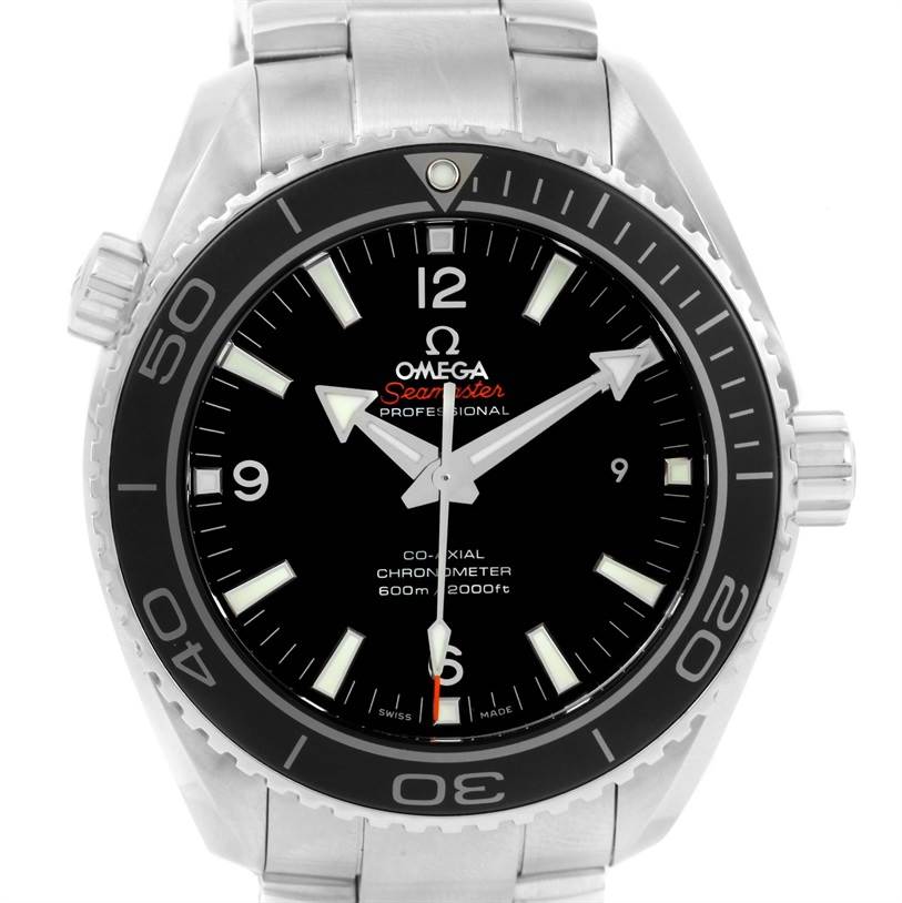 The image shows a front view of the Omega Planet Ocean 232.30.46.21.01.001 Men
s Stainless Steel Black Dial 232.30.46.21.01.001 Men
s Stainless Steel Black Dial watch
s face, bezel, markers, hands, and part of the strap.