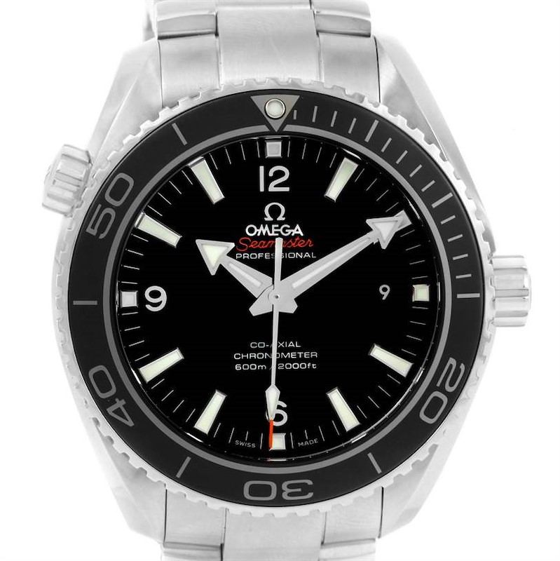 The image shows a front view of the Omega Planet Ocean watch's face, bezel, markers, hands, and part of the strap.