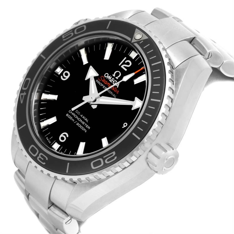 The image shows a side angle of the Omega Planet Ocean 232.30.46.21.01.001 Men
s Stainless Steel Black Dial 232.30.46.21.01.001 Men
s Stainless Steel Black Dial watch, highlighting the face, bezel, and stainless steel bracelet.