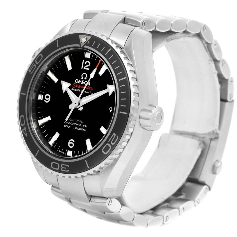 The image shows a left-angled view of the Omega Planet Ocean 232.30.46.21.01.001 Men
s Stainless Steel Black Dial 232.30.46.21.01.001 Men
s Stainless Steel Black Dial watch, displaying its bezel, dial, case, and part of the bracelet.