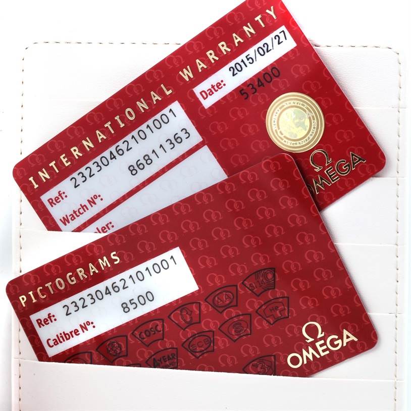 The image shows two red Omega warranty and pictogram cards for the Planet Ocean model.