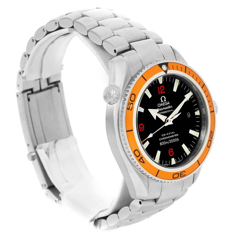 The Omega Planet Ocean 2209.50.00 Men
s Stainless Steel Black Dial 2209.50.00 Men
s Stainless Steel Black Dial watch is angled to show the face, bezel, crown, and part of the stainless steel bracelet.