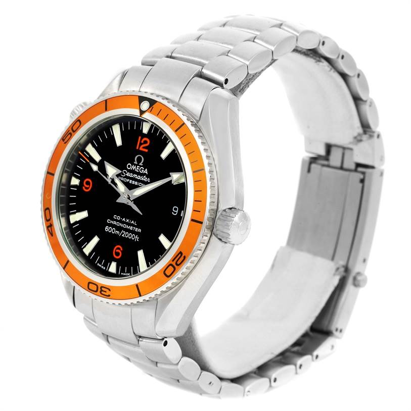 The Omega Planet Ocean 2209.50.00 Men
s Stainless Steel Black Dial 2209.50.00 Men
s Stainless Steel Black Dial watch is shown at a three-quarter angle, highlighting the face, bezel, crown, and bracelet.